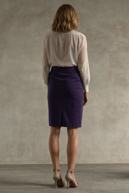 1girl, a woman in a white blouse and purple pencil skirt standing in an empty room, simple cement wall in the backdrop, from behind, look back
 <lora:eo89_us_lora_v01:1> eo89