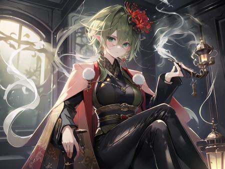 masterpiece,best quality,highres,cinematic lighting,dramatic angle,1girl,green hair,green eyes,hair flower,pointy ears,<lora:ShadowverseMagachiyoV3-000017:0.8:lbw=mgcy>,black suit,sitting,legs crossed,family crest,holding smoking pipe,smoke,depth of field,necklace,looking at viewer,depth of field,expressionless,shaded face,from below,black pants,<lora:add_detail:0.25>,capelet,sash,