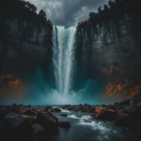 minimal, cinematic, a majestic waterfall, thunderstorm, dark teal and amber, Sony A7 IV

