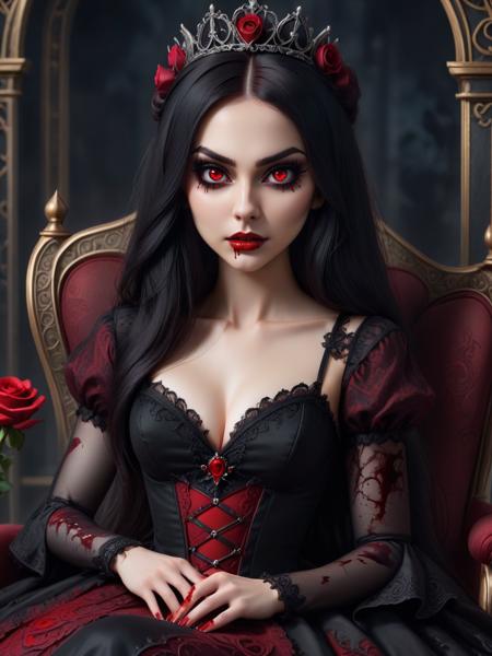 Gothic style beautiful young vampire woman wearing a long black and blood red princess dress, <lora:xl_princess_dress-2.0:0.8>, roses, (covered in blood), evil smile, sitting on a throne . Dark, mysterious, haunting, dramatic, ornate, detailed