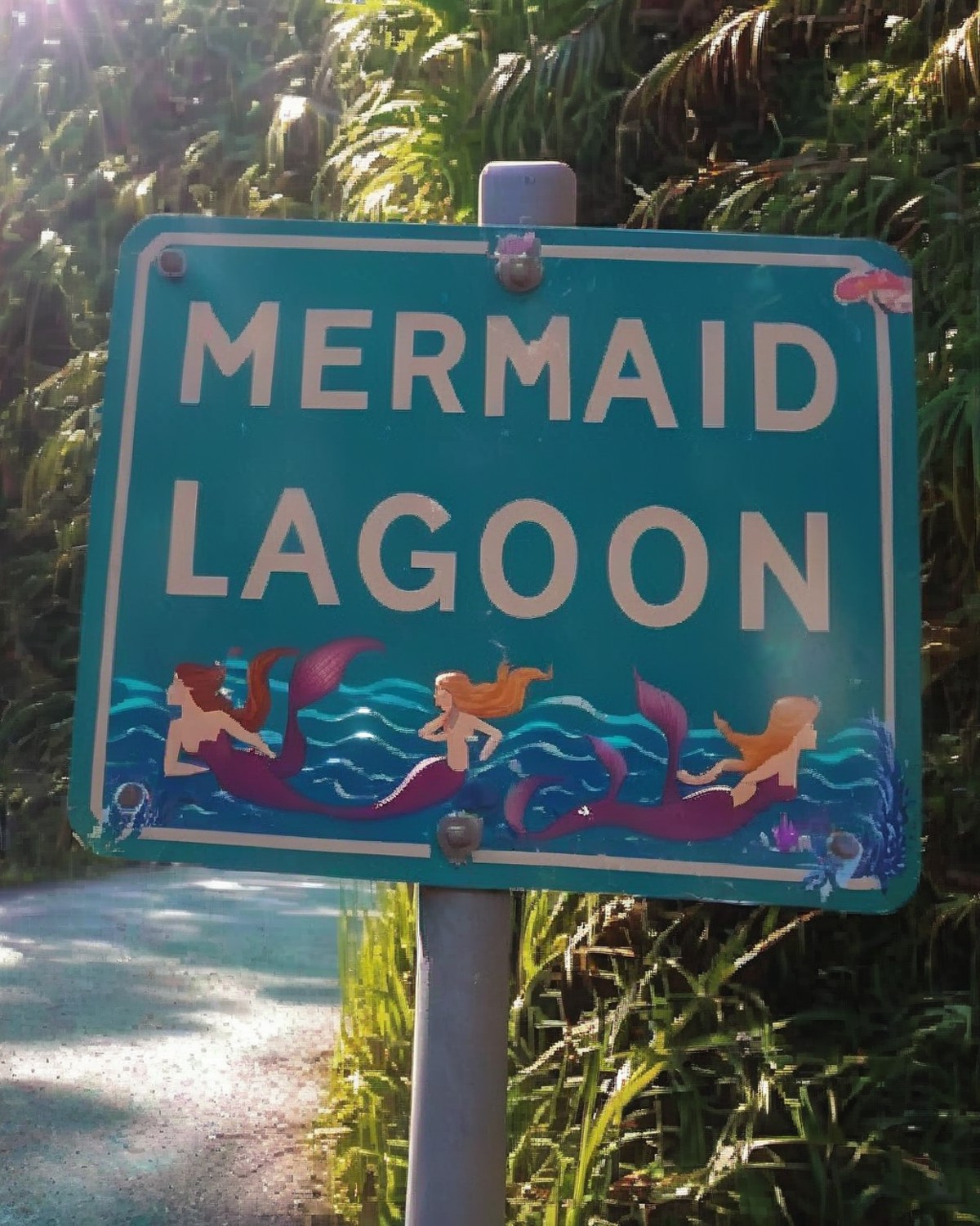 a photo of a road sign , Mermaid Lagoon:1.2, a fantastical sign pointing the way to a "Mermaid Lagoon," complete with merm...