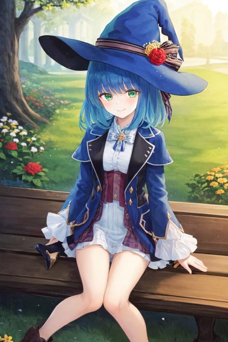 masterpiece, best quality, sharon, 1girl, witch hat, blue hat, blue robe, smile, brooch, blue ribbon, small dress, white dress, blue bow, green eyes, loose sleeve, portrait, blue hair, (short hair:0.7), flower garden, bare legs, sitting on bench, flower field,