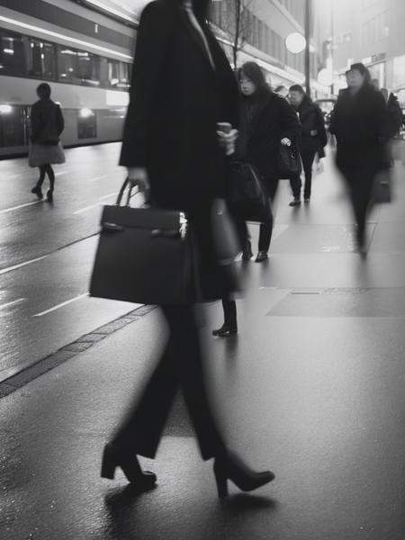 <lyco:AndoFuchs:1.0> the woman is walking down the street with her bag, in the style of distorted portraits, kintsukuroi, angelic photograph, ethereal, ghostly figures, petzval 85mm f/2.2, threadbare abstractions, hyperspace noir