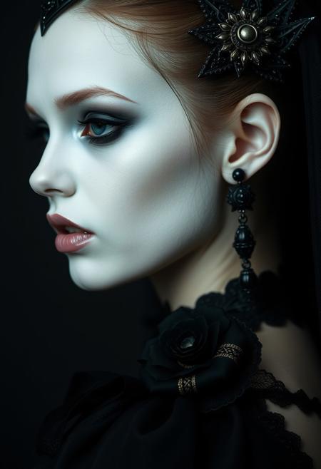 Close Up shot, Side view of a dark princess, pale sking, pale lips, vampire fangs, standing pose, in the style of infernal fasion, otherworldly beauty, infernalpunk, queencore, ornamented age aesthetics, coal and black, photography studio style