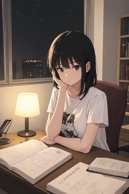 best quality, masterpiece,black hair,T-shirt,room,bed,desk,sitting chair,chin on hands,arms on desk,desk lamp,window,night,book,pencil,thinking face