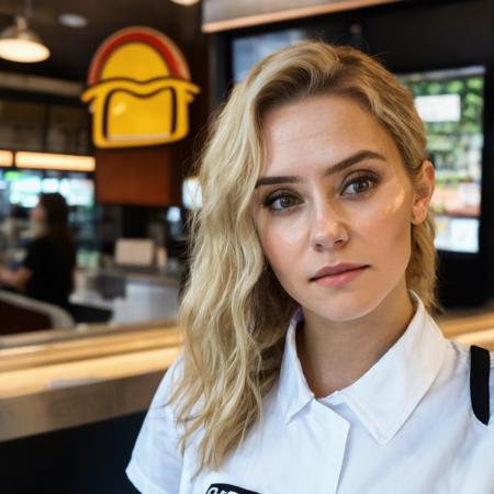 young woman, very cute european woman, <lora:ayuso:1>, 1girl, (wearing a fast food worker uniform:1.4), looking at viewer, waist up, detailed face, tired eyes, closed mouth, ash blonde hollywood hair, background: standing behind the cashier counter, solo, upper body, detailed skin, skin pores, (social media photo, instagram, tired look, stressed:1.3)