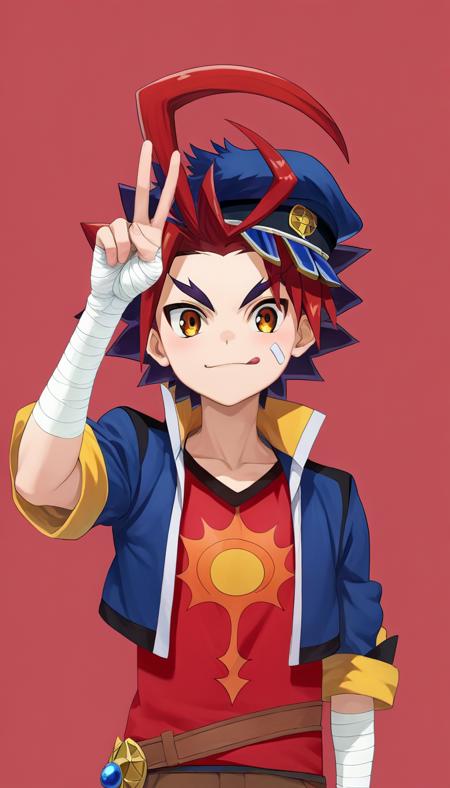 gao mikado, peaked cap, blue cropped jacket, red t-shirt, bandaged arm