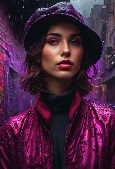 Under a graffiti bridge she wore a raspberry beret when doves cry during a purple rain storm at night, 
Chiaroscuro, 
alcohol ink dreams, 
High Dynamic Range, 
in style of Rembrandt oil painting, 
surreal, 
perfect composition, 
beautiful detailed intricate insanely detailed octane render trending on artstation, 
8 k artistic photography, 
photorealistic concept art, 
soft natural volumetric cinematic perfect light, 
chiaroscuro, 
award - winning photograph, 
masterpiece, 
oil on canvas, 
raphael, 
caravaggio, 
greg rutkowski, 
beeple, 
beksinski, 
giger