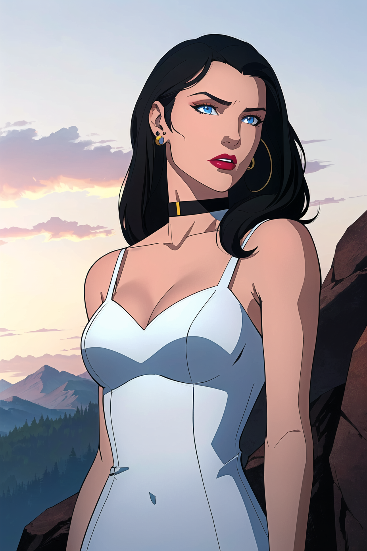 A cartoon drawing of a woman with blue eyes, wearing a white dress, with mountains in the background.