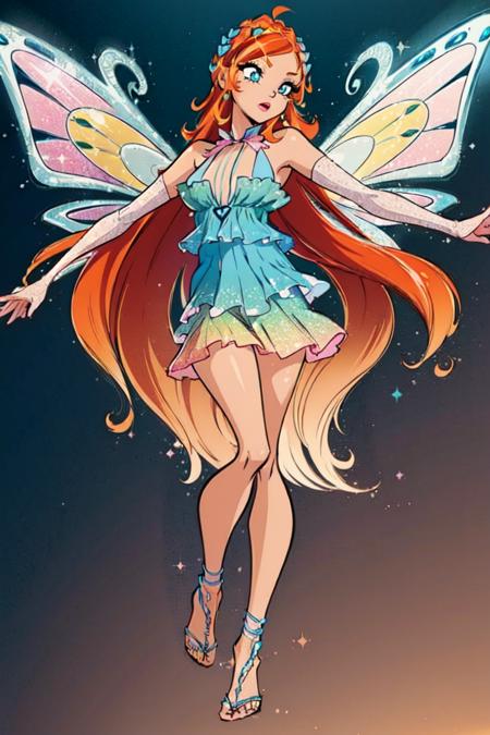 Bloom dress, fairy wings, orange hair, blue eyes, sparkling outfit