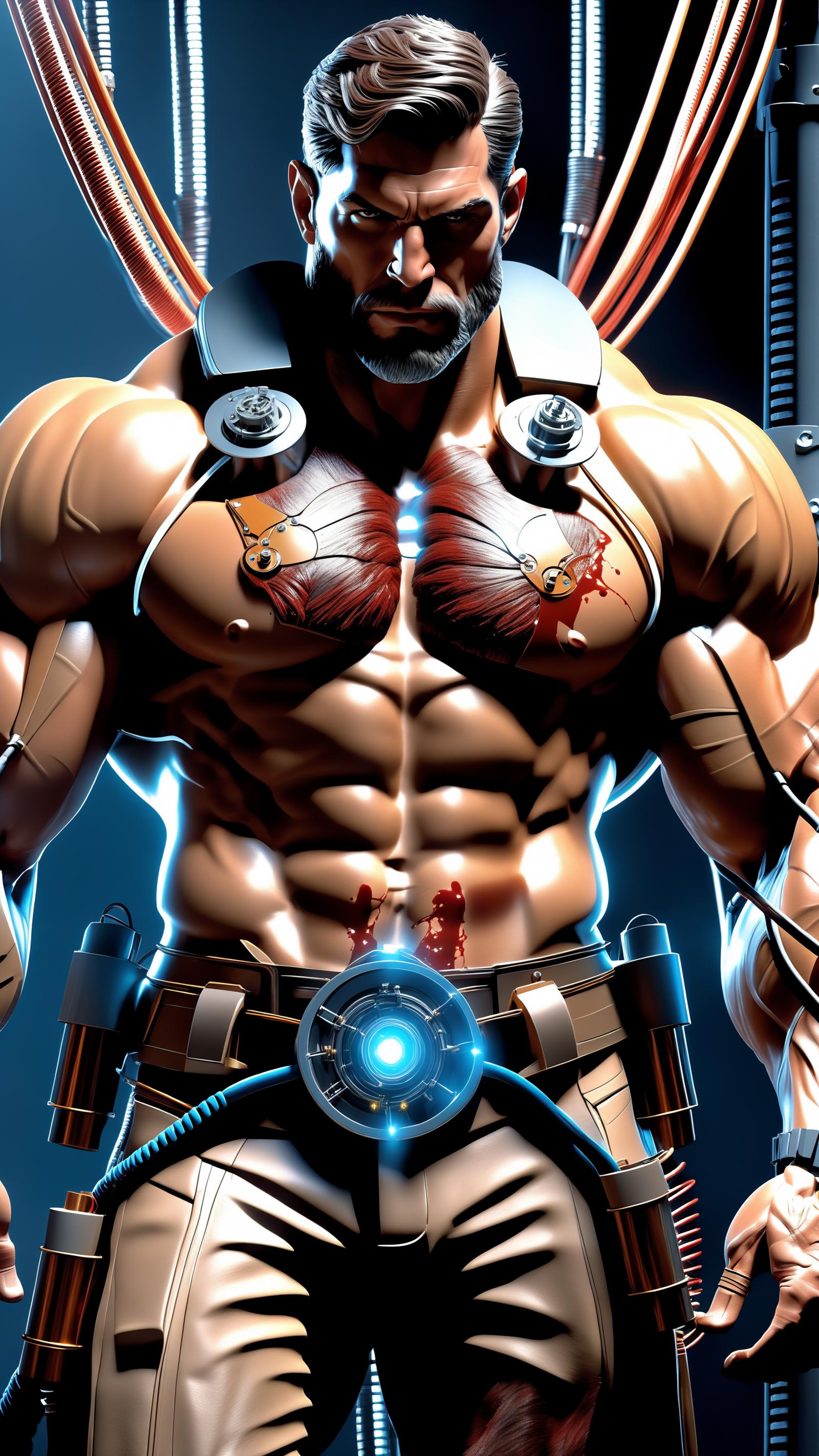 3D rendering of a muscular man with a futuristic design, wearing a gun and a cassette tape player on his chest.