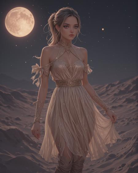 Close-up Upper body photo at night. Darkness. 1female. She is wearing a revealing Midi Dress, and boots. Detailed eyes and face, light makeup, and eye liner. Tucked-Under Pony tail hair style. She is standing while drinking at an elegant outdoor bar with hardwood floors. Alien landscape, sand, hills, dusk. (Two large bright moons in the sky:1.1). Stars in the sky. Bright mood lighting. Photorealistic, Natural atmospheric lighting, intricate details, 35mm photograph, film, professional, 4k visuals, highly detailed, elegant, studio quality.