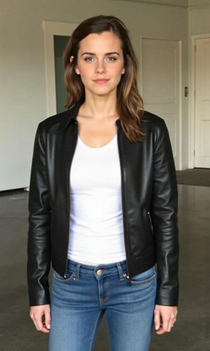 3mm4w, photo of a woman wearing a white shirt, leather jacket and jeans posing for a photograph in a garage