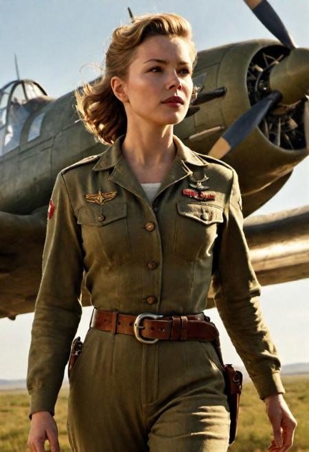 (masterpiece, best quality, hires, high resolution:1.2), extremely detailed, realistic, highres, (cinematic lighting, perfect lighting, sunlight, bloom), 1girl, Military pilot of high rank from the 1940s, embodied by woman with hourglass figure, porcelain skin wrapped in fitted olive jumpsuit, restrained by sturdy brown leather belt, her hairstyle exuding glamour of the Hollywood 40s era, voluminous black waves cascading her shoulders, almond eyes adorned with dark lashes, expressing determination, under the gently blushed high cheekbones, full lips, her character juxtaposing against backdrop of vintage aircraft, set in resilient blue cloudy day, digital
 parted bangs, blue hair, freckles, very long hair, long braided, :), smile,