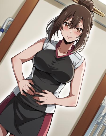 nozomi ishizawa, skirt, large breasts, brown hair, hair ornament, brown eyes, single hair bun, skirt, sportswear,