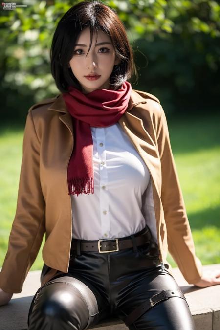 girl,mikasa ackerman,scarf,solo,jacket,black hair,paradis military uniform,short hair,red scarf,emblem,belt,hair between eyes,three-dimensional maneuver gear,thigh strap,boots,pants,brown jacket,long sleeves,outdoors,open clothes,survey corps,open jacket,white pants,best quality,masterpiece,illustration,an extremely delicate and beautiful,CG,unity,8k wallpaper,Amazing,finely detail,masterpiece,official art,extremely detailed CG unity 8k wallpaper,incredibly absurdres,huge filesize,ultra-detailed,highres,extremely detailed,beautiful detailed girl,realistic,full frontal,light contrast,<lora:Mikasa Ackerman_20231117034021:0.6>,<lora:ZOE_20230707035042:0.8>,