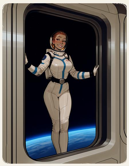 IllustriousQual, detailed face,
tall woman, milf, solo, thick build, long brown hair, hair pulled back, medium breasts, long legs, (muscular thighs:0.3),
flirty smiling, wearing a spacesuit and helmet, on a space station, posing in an airlock, view of blue planet out of window,
<lora:incaseIllustrious:0.8> incase style,