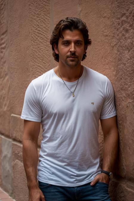 closeup portrait photo, (hrxw man:1), in Barcelona, at the Sagrada Familia, tshirt and jeans, by Gregory Crewdson, epic character composition,
 <lora:HrithikRoshanDogu:1>