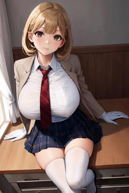 masterpiece, best quality, 1girl, solo, looking at viewer, <lora:ryoukanarusawa-on-richy-v1:1> ryoukaschool, necktie, skirt, white thighhighs, white gloves, huge breasts