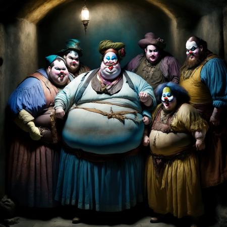 photo, a group of obese Adventurer clowns in a badly lit dungeon (ClownDungeon style:1)  <lora:djzClownDungeon:0.8>