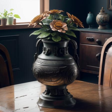 a (bronzecd) vase, flower inserted into the vase, (solo:1.2), <lora:bronzecd-000009:0.8>, no humans, high quality, masterpiece, realistic, photorealistic, (indoors, on table:1.2)