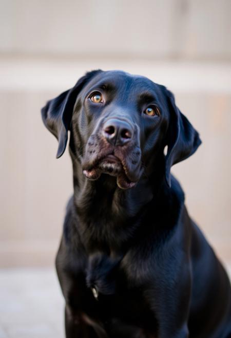 Female Black Labrador retriever sitting looking at the viewer with her head tilted to the left as if she is trying to understand what is being said