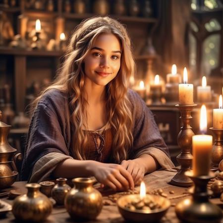 highly detailed documentary photo of herbalist,

1girl, solo, long hair, looking at viewer, smile, blonde hair, indoors, blurry, cup, lips, depth of field, blurry background, ring, realistic, candle, pov across table,

medieval shop,

masterpiece, best quality:1.1, 

ultra photoreal,
photorealistic:1.0, 
sharp focus:1.1, 
depth of field:1.1, 
god rays:1.4,

50mm, style of Nathan Wirth, Hasselblad X1D II, Porta 160,
