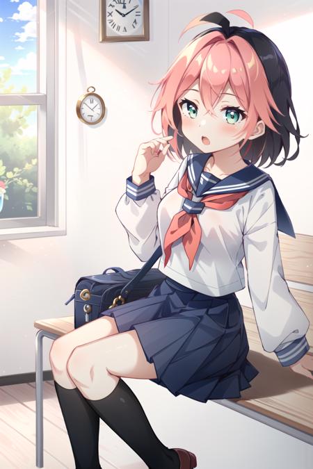 pipi, 1girl, skirt, green eyes, solo, pleated skirt, blue skirt, school uniform, bag, socks, neckerchief, kneehighs, serafuku, blush, multicolored hair, shirt, long sleeves, looking at viewer, white shirt, short hair, bangs, open mouth, black socks, sailor collar, hair between eyes, school bag, antenna hair, charm (object), red neckerchief, breasts, ahoge, blue sailor collar, pink hair, black hair, bag charm, feet out of frame, 
 <lora:pipi-000070:0.7>, pipi,