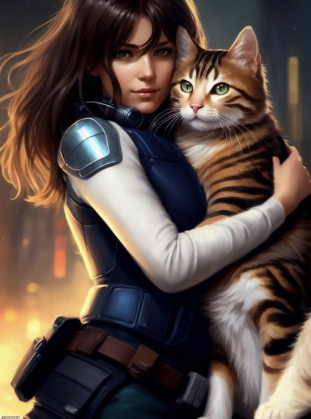 modelshoot style, (extremely detailed 8k wallpaper) ,A detailed portrait of a cute calm brunette woman hugging a tabby cybernetic cat illustrator, by justin gerard and greg rutkowski, digital art, realistic painting, dnd, character design, trending on artstation