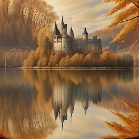 landscape, forest, autumn, lake, castle,  <lora:bgp:1>, bgp style