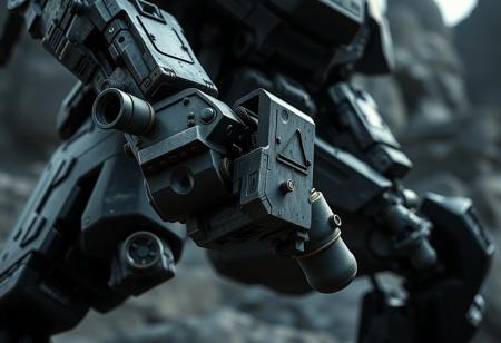 a close up of a robot gun on a Blasting the Ruins background, dark grey decepticon mech, official details photo, focus on full - body, scratchy, dirty old grey stone, ebay listing, reduce duplication interference, red shift render, grey robes, spotlighting, circa 1 9 8 4, brutus pose, f 1 aperture, by david a. hardy, noriyoshi ohrai, rendered in unreal engine, background  trending on artstation, low contrast, 4 k, intricate details, highly detailed, masterpiece, smooth, sharp focus!!!, extremely high detail
