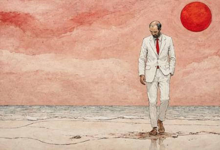 old book style ink illustration, on parchment, ink splashes, ink stains, ink smears, faded ink,(Digital Art by Peter Doig and Andrea Pisano: 1.2), A French man in a white suit, dressed in pure white clothes, walking on the beach, (lightweight suit), (canvas shoes), noon, baked by the bright sun, (sun high in sky), red sand, the magical solar aesthetics of mosaic art, unconventional supreme masterpieces, exquisite details, intelligent atmosphere, and gentle atmosphere. (Balanced central component, :0.5)