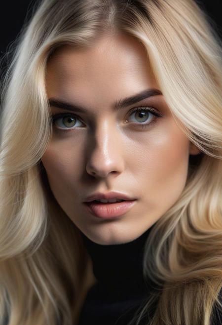 RAW photo, an eye contact of a blond with long hair and dark theme, 4k