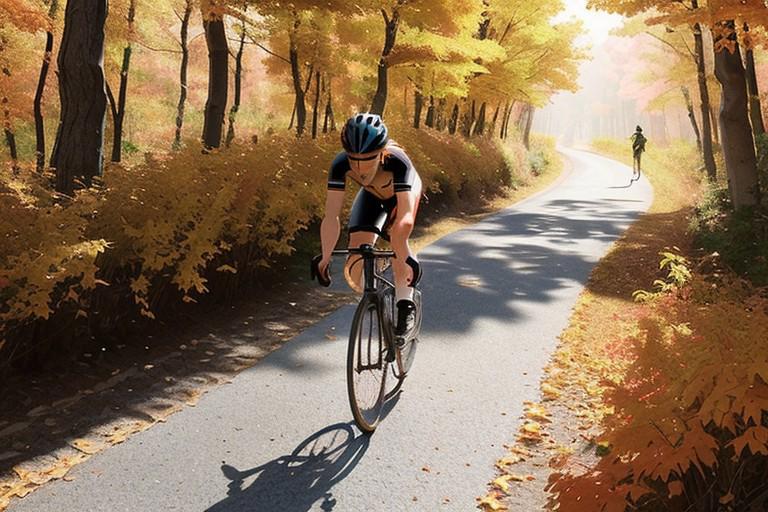 A cyclist rides along the path of the golden autumn forest in the rays of the amber sunset