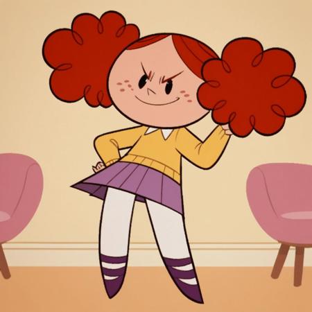 1girl, dark red hair, twin curly poof hair, freckles, yellow dress, jeweled ruby tiara, white tights, black belt, black boots, black gloves, solo, crown, gloves, black eyes, v-shaped eyebrows, forehead jewel  dark red hair, twin curly poof hair, freckles, yellow sweater, white under shirt, white tights, purple skirt, violet shoes, solo, skirt, pantyhose, twintails, white pantyhose, full body, purple skirt, 1girl,black eyes, v-shaped eyebrows