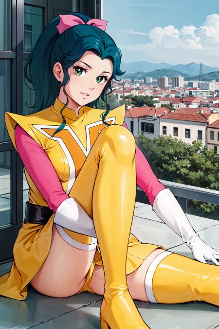 megumi green hair white gloves yellow boots