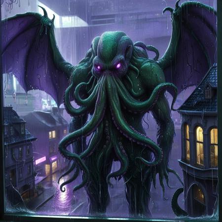 lazypos,
tearStyle2,
An anthropomorphic cybernetic cthulhu looking through the window of his home in a cyberpunk city, raining, wet glass, highly detailed, no human, wings, tentacle, purple theme,