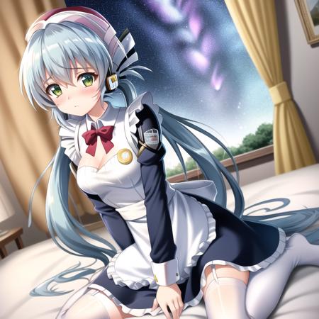 (Hoshino_yumemi:1.1), (emotionless), 1 (shy maid:1.2) (wariza on bed inside bedroom:1.3) with (endlessly growing absurdly long blue low twintail:1.1) and (green eyes:1.1) wearing (maid apron and maid headdress and white thighhighs:1.4), (the milky way and galaxy and starry tornado and starry Nebula and beautiful detailed sky outside windows:1)
{masterpiece}, {{best quality, super fine illustration}}, {very delicate light, perfect and delicate limbs}, (an extremely delicate and beautiful girl), dynamic angle, (staring blankly, lovely big eyes), beautiful detailed eyes, (absurdres, incredibly absurdres, illustration, ultra-detailed)
solo, high quality, CG, wallpaper, anime girl, long hair, (hair between eyes), (very long bangs between eyes), dense hair, cute face, two legs, detailed hair, (very detailed hair), (beautiful eyes), 
(Hoshino_yumemi:1.05), (emotionless), 1 (shy maid:1.3) (wariza on bed inside bedroom:1.2) with (endlessly growing absurdly long blue low twintail:1.1) and (green eyes:1.0) wearing (maid apron and maid headdress and white thighhighs:1.3), (the milky way and galaxy and starry tornado and starry Nebula and beautiful detailed sky outside windows:1.1), (small breasts and cleavage:1.1), (wariza:1.3), (emotionless and shy and blush:1.3), (very thick thighs)