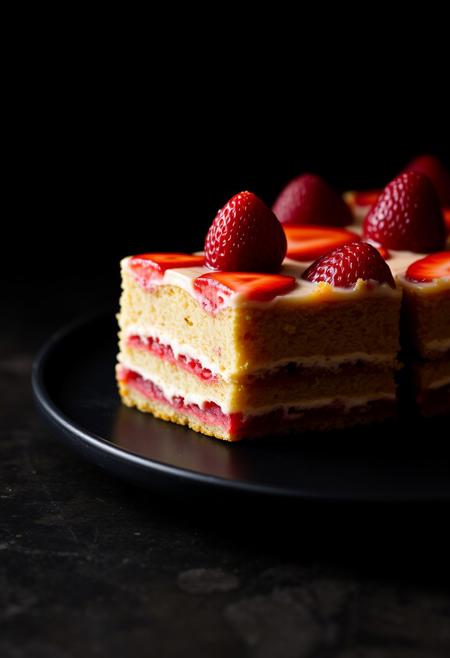 a piece of strawberry cake with a dark background on a circular black plate, shot taken from the side, diffused light, soft lighting.