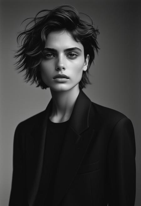 Model: (Anya Chalotra:0.7), (Sistine Stallone:0.3)
Black and white film portrait, reminiscent of classic fashion photography.  Androgynous model with short, tousled hair, wearing minimal black clothing.  Confident yet vulnerable expression.  Soft, diffused light, emphasizing form and texture.  ((((Grainy film aesthetic, high contrast, deep blacks.))))  Plain backdrop, minimalist composition.  Keywords: strength, elegance, vulnerability, intimacy, fashion.
(Award winning, masterpiece, intricate details, 8k UHD, high quality, perfect eyes)