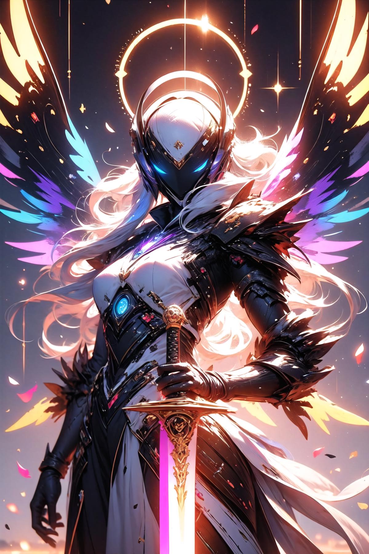 A fantasy artwork of a woman with white hair and blue eyes, wearing a helmet and holding a sword. She is surrounded by colorful wings, giving her the appearance of a warrior angel.