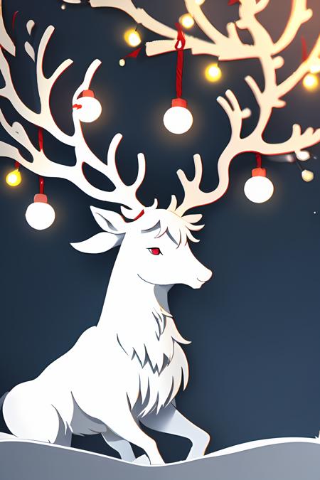 reindeer, <lora:reindeer_papercut:0.75>, raging, shiny, glowing, ramping, christmas lights, red ominous eyes, christmas tree in background