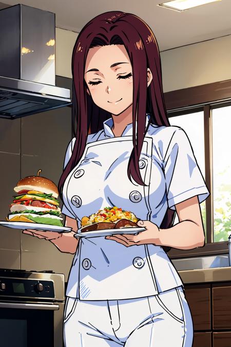 masterpiece, best quality, <lora:sakakiryouko-nvwls-v1-000008:0.8> sakaki ryouko, chef uniform, white pants, large breasts, kitchen, plate of food, closed eyes, smile, happy, ^_^, food