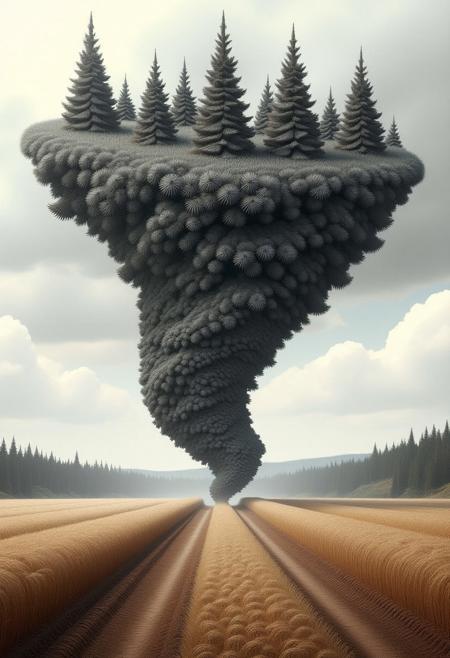 a grey tornado made out of detailed fir needles, farmland background, fir needle style