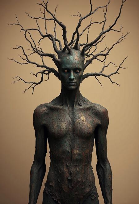 score_9, score_8_up, score_7_up, Subject: Human figure, abstract humanoid, nature entity Appearance: Covered in textured bark, skin resembling tree bark, mosaic-like colored patches Colors: Deep teal, muted red, earthy brown, golden-yellow highlights, natural tones Branches: Twisted, gnarled tree branches, wrapping and intertwining around the figure, emerging from the face and chest Eyes: Dark, glowing, subtle presence, hidden in shadows Pose: Frontal view, static and enigmatic, upright stance Atmosphere: Surreal, haunting, organic, blending human and nature Background: Minimal, neutral beige, emphasizing the figure Mood: Mysterious, primal, symbolic of growth, decay, and transformation Style: Dark fantasy, organic abstraction, detailed textures, ng_deepnegative_v1_75t, easynegative, verybadimagenegative_v1.3SplitStyle, ng_deepnegative_v1_75t, easynegative, verybadimagenegative_v1.3