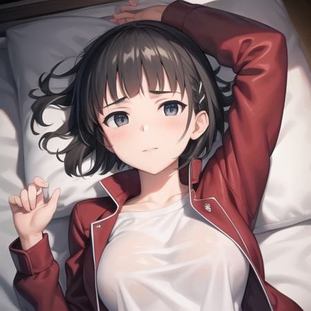 <lora:suguha-05:0.8>, zodiac_suguha, 1girl, solo, white shirt under red jacket, short hair, black hair, dark gray eyes, lying on bed