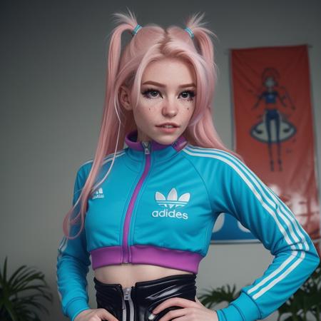 by Jean Michel Basquiat,a cyborg girl, <lora:DI_belle_delphine_v1:1> BREAK a cyborg girl wearing Adidas sportsuit, sporty and rich, 80s, vintage photography