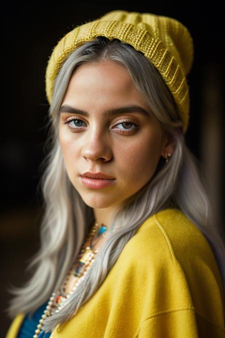 <lora:b1ll1331l1sh:0.9>, a Realistic portrait of b1ll1331l1sh woman,  1girl, long hair, white hair, looking at viewer, yellow wool hat, jewelry, solo focus, necklace, bracelet, lips, grey eyes, ring, watch, realistic, professional Photography, Photorealistic, detailed eyes, RAW, analog, sharp focus, 8k, HD, DSLR, high quality, Fujifilm XT3, film grain, award winning, masterpiece