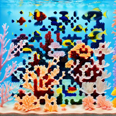 masterpiece, best quality, 4k, a large aquarium with many different types of corals and fish swimming around it, and a large amount of water,  highly detailed digital art, underwater, sand, rock