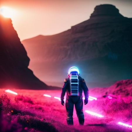 neon-ground-astronaut scifi style,a human male man figure in astronaut suit in field,helmet glowing pink, dynamic lighting, atmosphere  lighting, hyper detail features, ray tracing, high flare, 3D, cinematic lighting, dark shadows, unrealistic Engine 5 rendering, hyper detail,trending on artstation, 4k,extremely high details, ultra hd, hdr, 8k, extremely high details